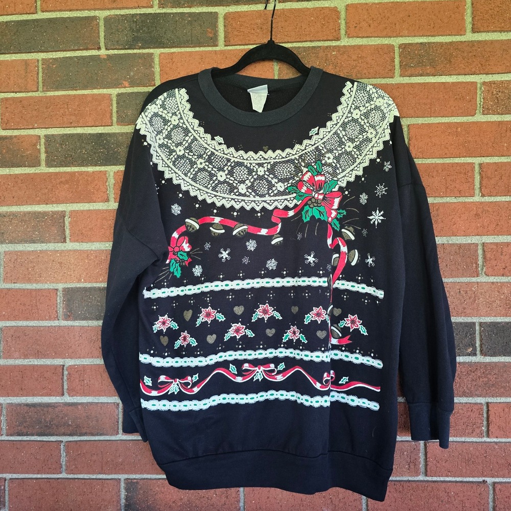 Vintage 90s Land n Sea Christmas Sweatshirt Womens Medium Black Lace Ribbon Bows
